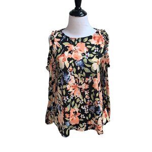 LC Lauren Conrad Women's S Small Open Shoulder Top Floral Ruffles Lightweight